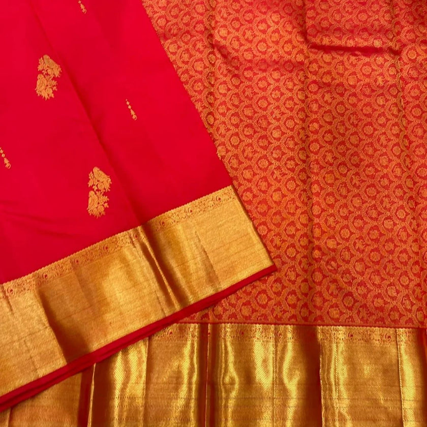 Majestic Crimson Red Banarasi Silk Saree with Grand Antique Gold Zari Border