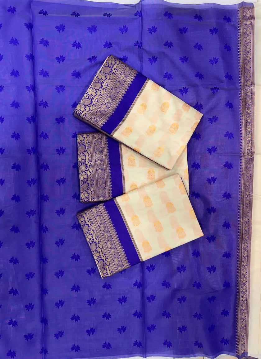 Ivory Pearl Banarasi Silk Saree with Royal Blue Antique Zari Border