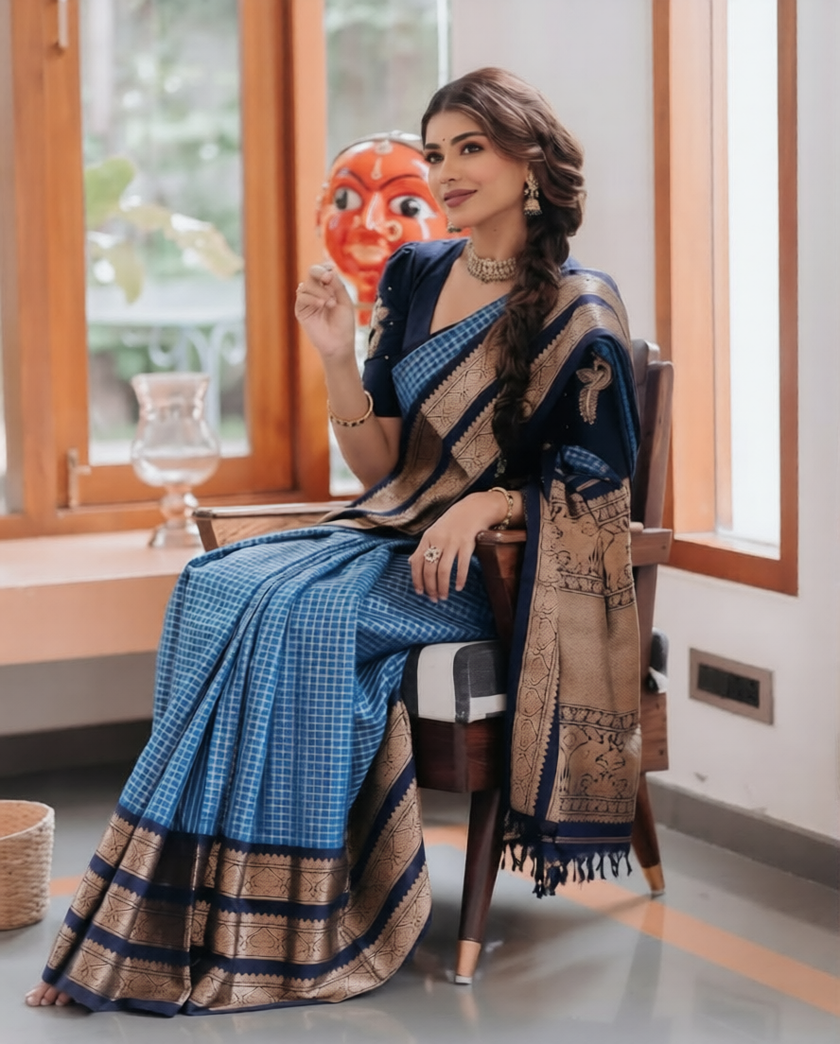 Royal Navy Blue Banarasi Silk Saree with Antique Gold Zari Border | Elegant Traditional Festive Wear