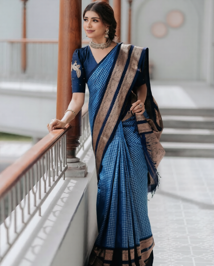 Royal Navy Blue Banarasi Silk Saree with Antique Gold Zari Border | Elegant Traditional Festive Wear