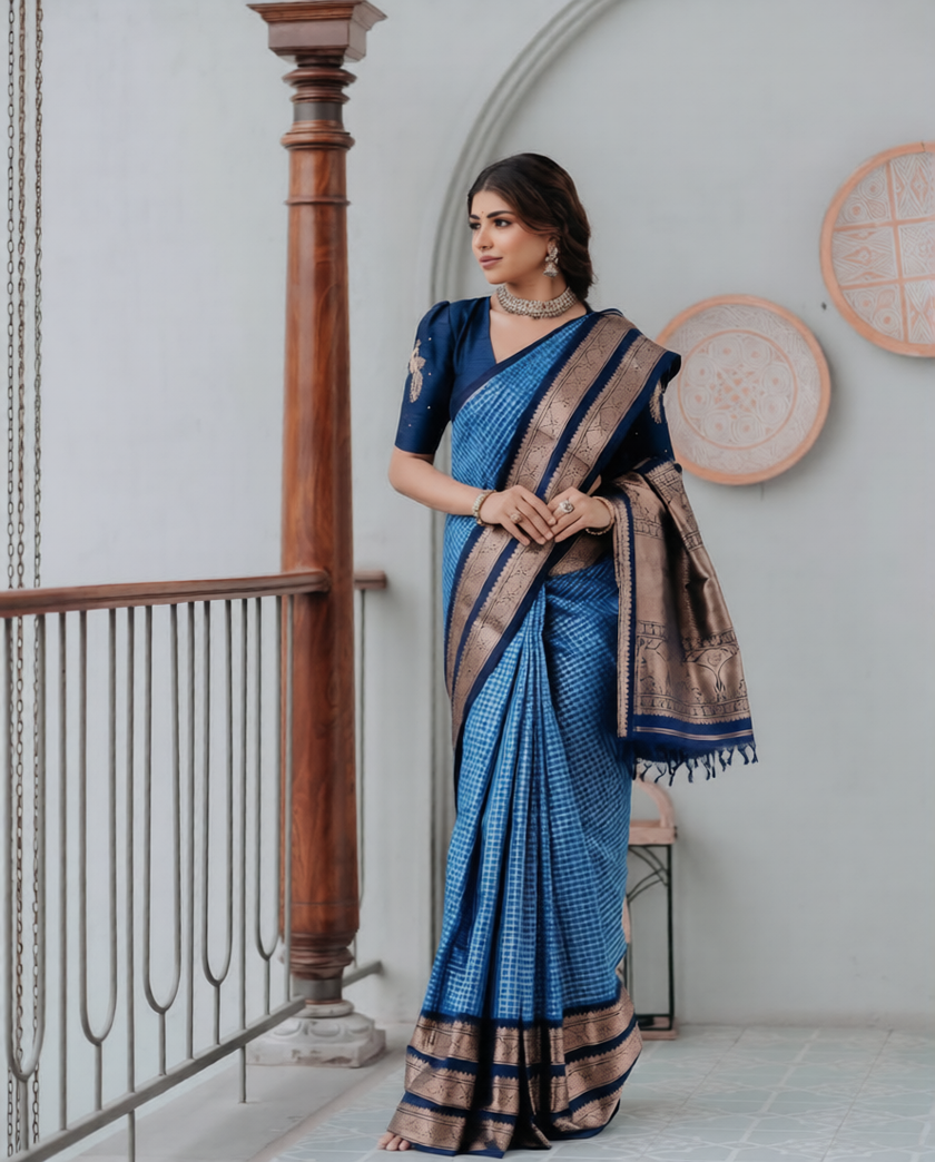 Royal Navy Blue Banarasi Silk Saree with Antique Gold Zari Border | Elegant Traditional Festive Wear