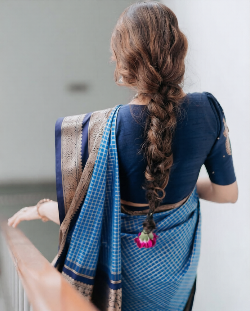 Royal Navy Blue Banarasi Silk Saree with Antique Gold Zari Border | Elegant Traditional Festive Wear