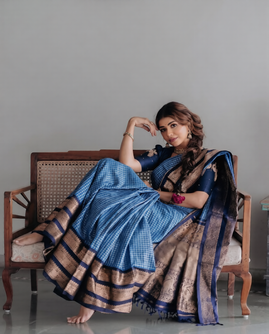 Royal Navy Blue Banarasi Silk Saree with Antique Gold Zari Border | Elegant Traditional Festive Wear
