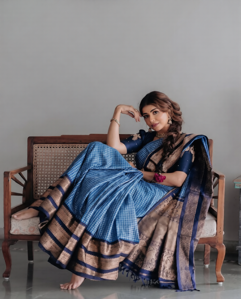 Royal Navy Blue Banarasi Silk Saree with Antique Gold Zari Border | Elegant Traditional Festive Wear