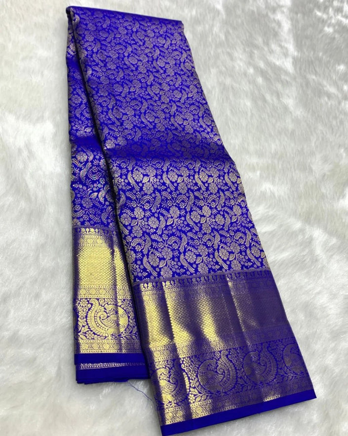 Royal Violet Blue Banarasi Silk Saree with Rich Gold Zari Floral Weaving | Premium Wedding & Festive Wear