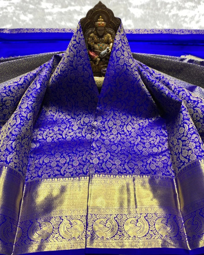Royal Violet Blue Banarasi Silk Saree with Rich Gold Zari Floral Weaving | Premium Wedding & Festive Wear