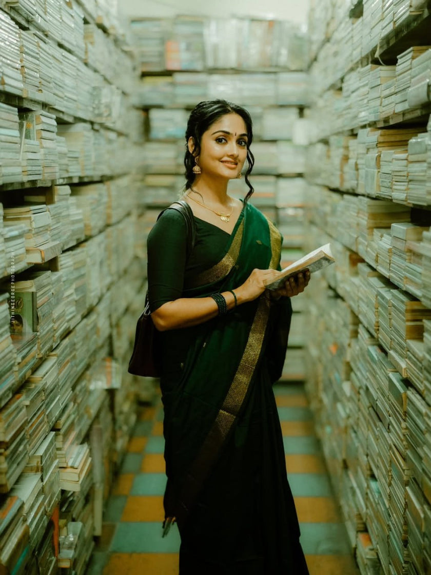 Elegant Bottle Green Banarasi Silk Saree with Classic Gold Zari Border | Timeless Traditional & Festive Wear