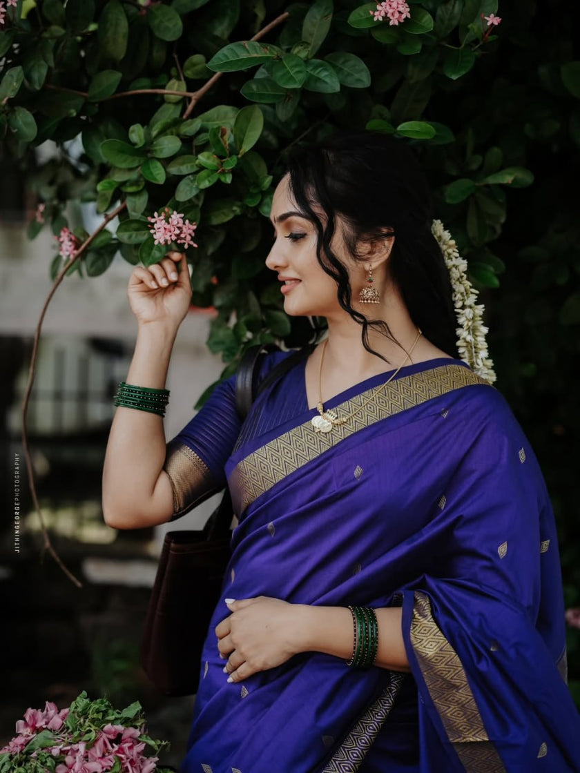 Royal Indigo Blue Banarasi Silk Saree with Elegant Gold Zari Border | Classic Traditional & Festive Wear