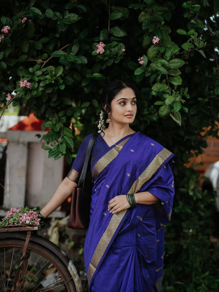 Royal Indigo Blue Banarasi Silk Saree with Elegant Gold Zari Border | Classic Traditional & Festive Wear