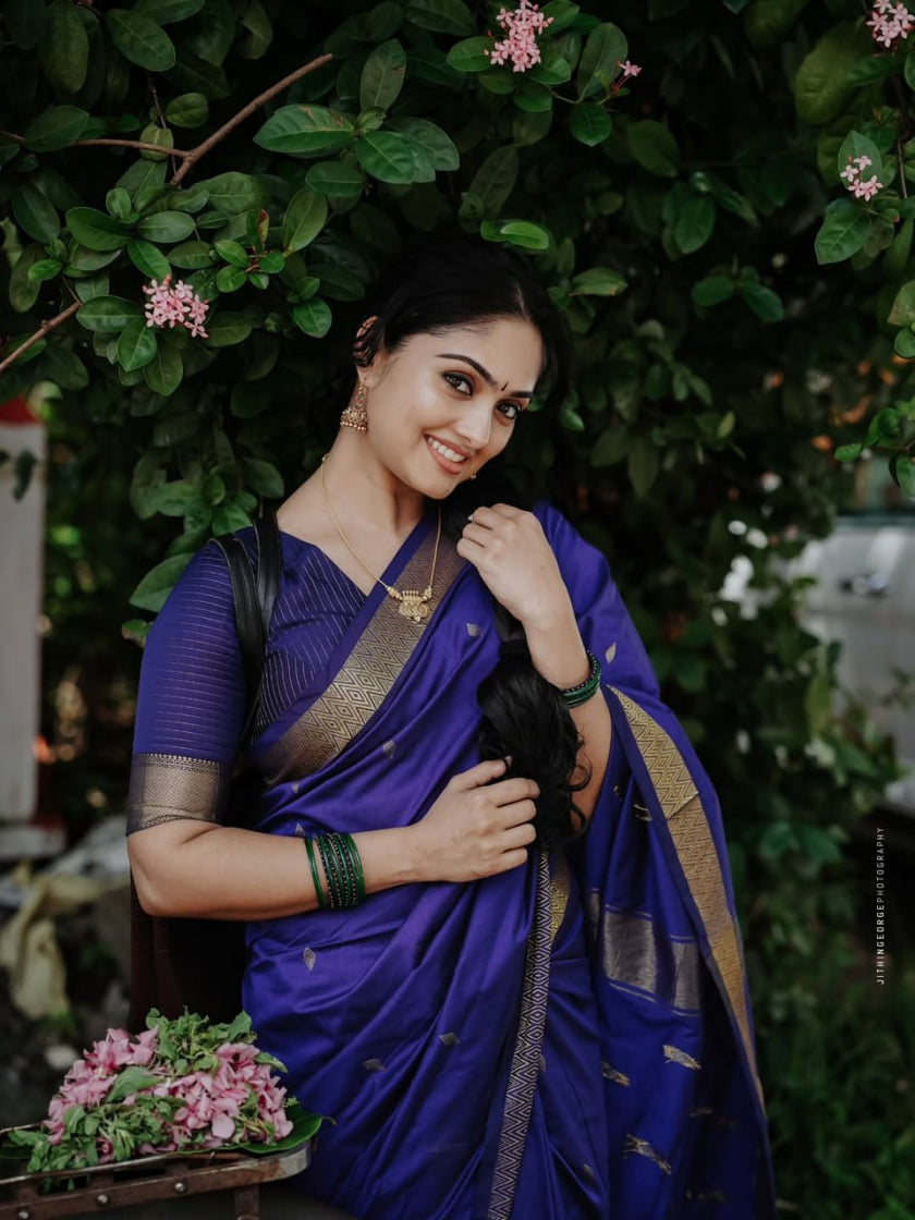 Royal Indigo Blue Banarasi Silk Saree with Elegant Gold Zari Border | Classic Traditional & Festive Wear