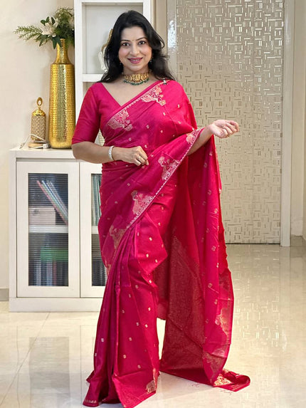 Rani Pink Silk Saree with Elegant Zari Butti & Designer Woven Border | Premium Festive & Wedding Wear