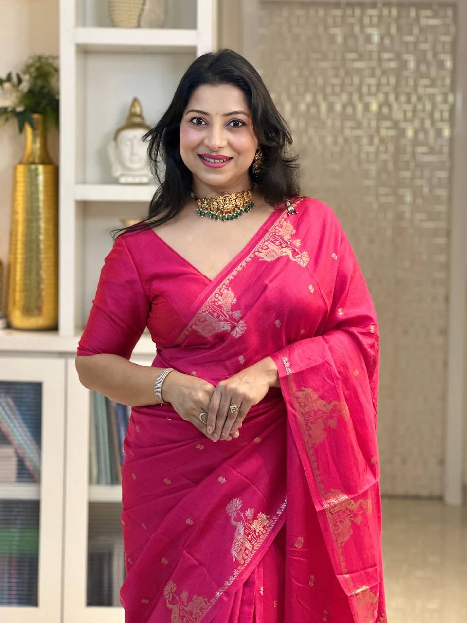 Rani Pink Silk Saree with Elegant Zari Butti & Designer Woven Border | Premium Festive & Wedding Wear