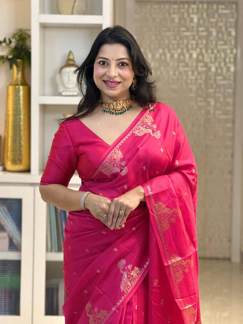 Rani Pink Silk Saree with Elegant Zari Butti & Designer Woven Border | Premium Festive & Wedding Wear