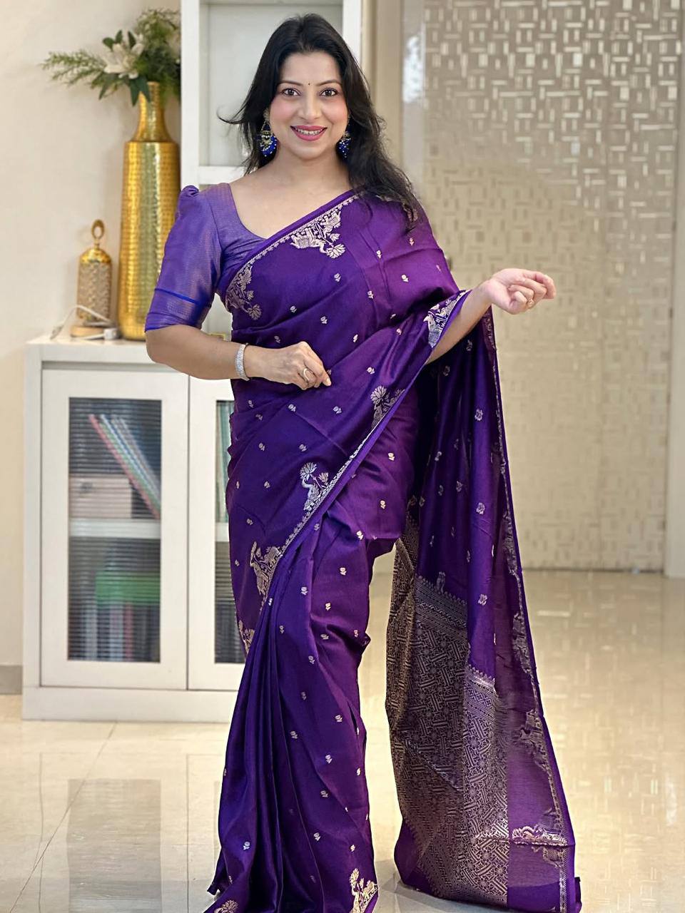 Royal Purple Silk Saree with Silver Zari Butti & Grand Woven Pallu | Premium Festive & Wedding Wear