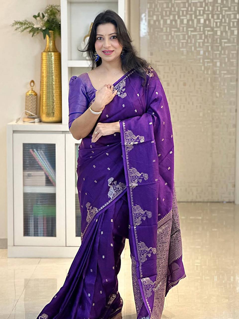 Royal Purple Silk Saree with Silver Zari Butti & Grand Woven Pallu | Premium Festive & Wedding Wear