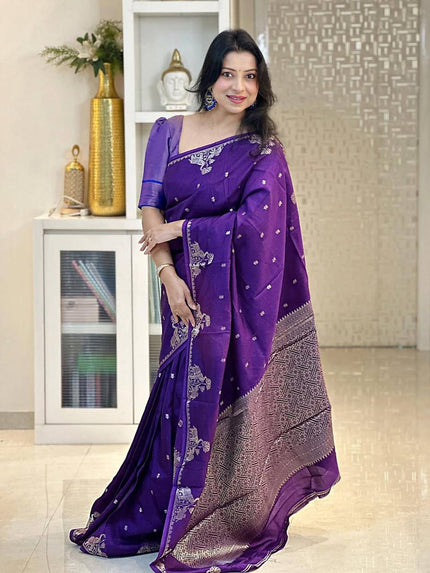 Royal Purple Silk Saree with Silver Zari Butti & Grand Woven Pallu | Premium Festive & Wedding Wear