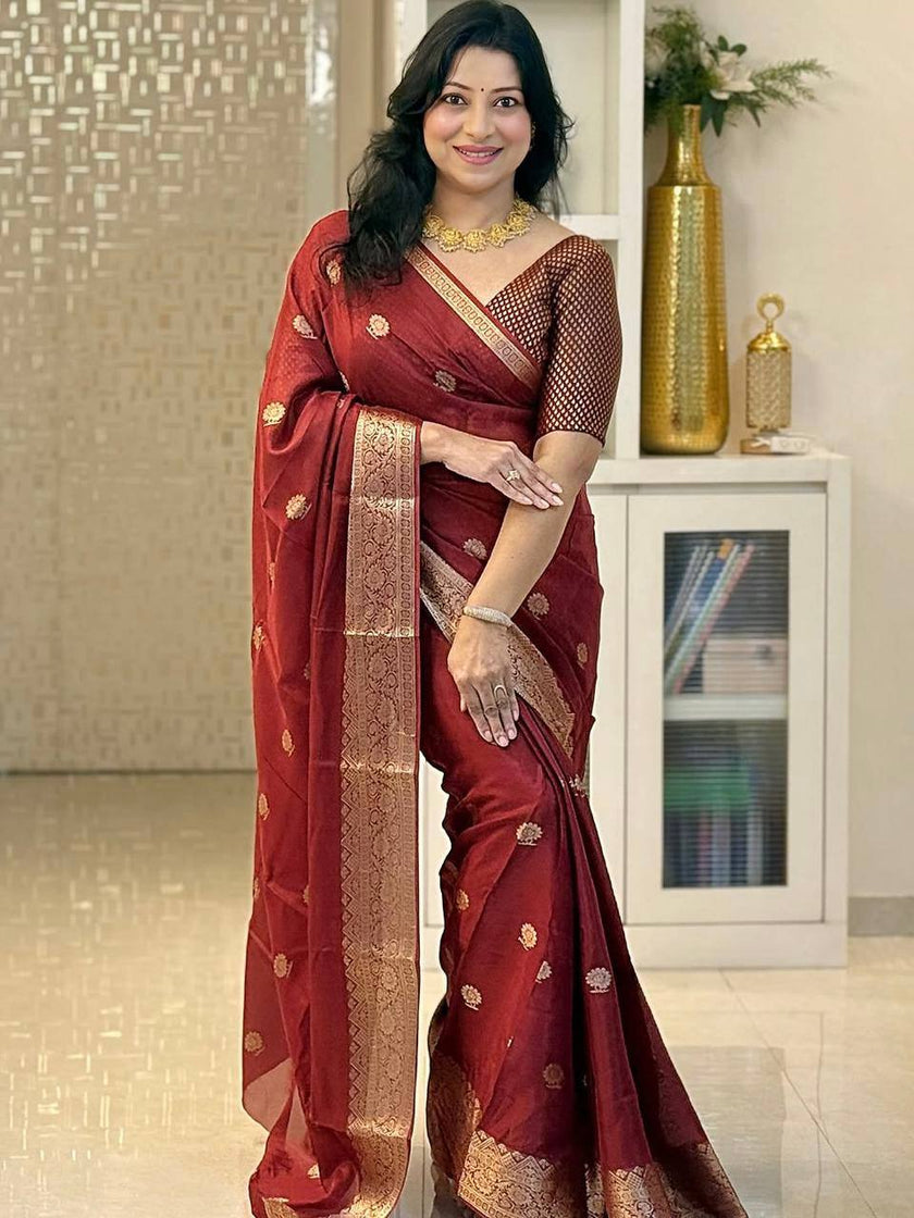Bridal Red Banarasi Silk Saree with All-Over Zari Weaving & Traditional Rich Border | Premium Wedding Wear