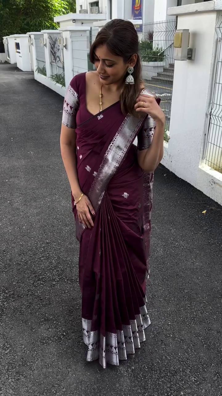 Elegant Wine Maroon Soft Silk Saree with Silver Zari Border & Minimal Butti Design | Premium Classic Wear