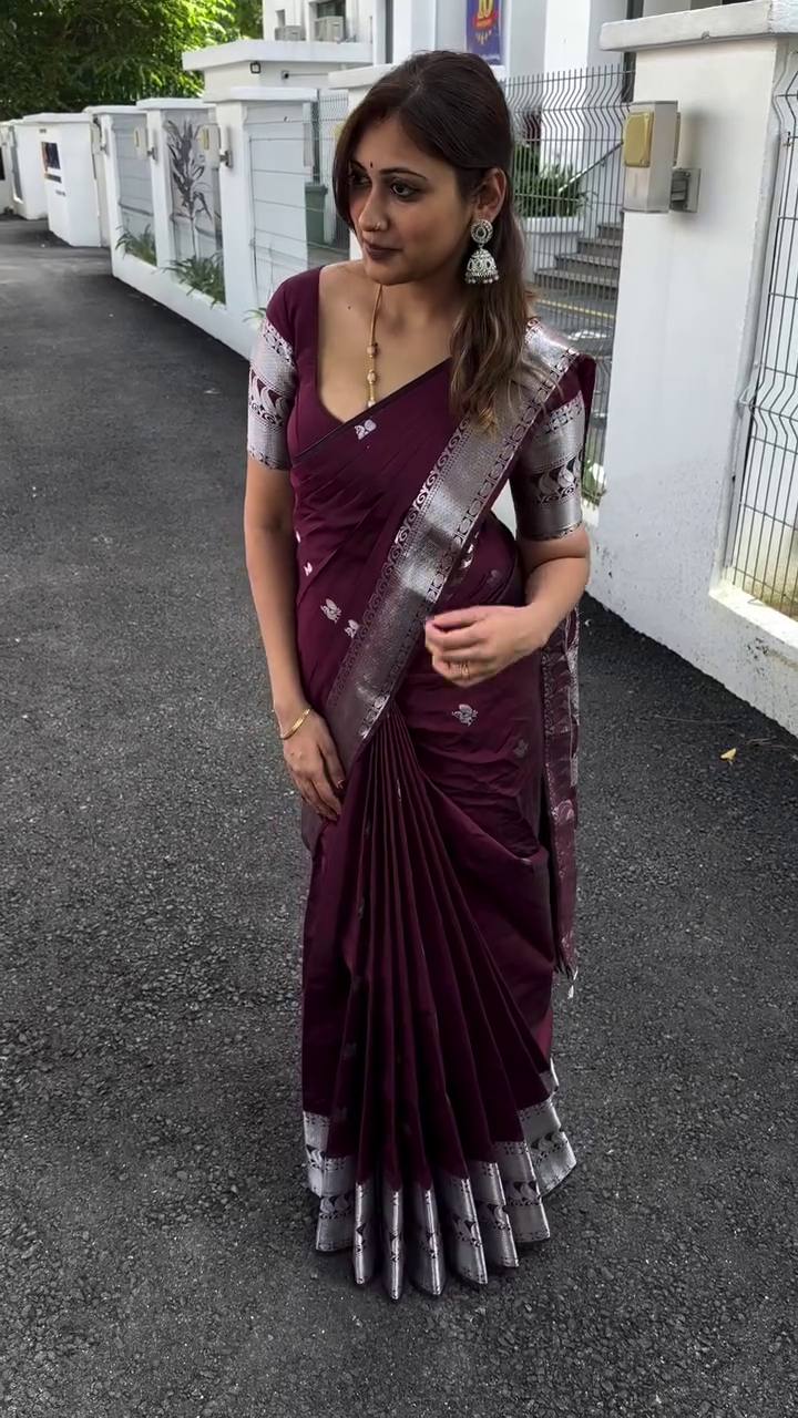 Elegant Wine Maroon Soft Silk Saree with Silver Zari Border & Minimal Butti Design | Premium Classic Wear