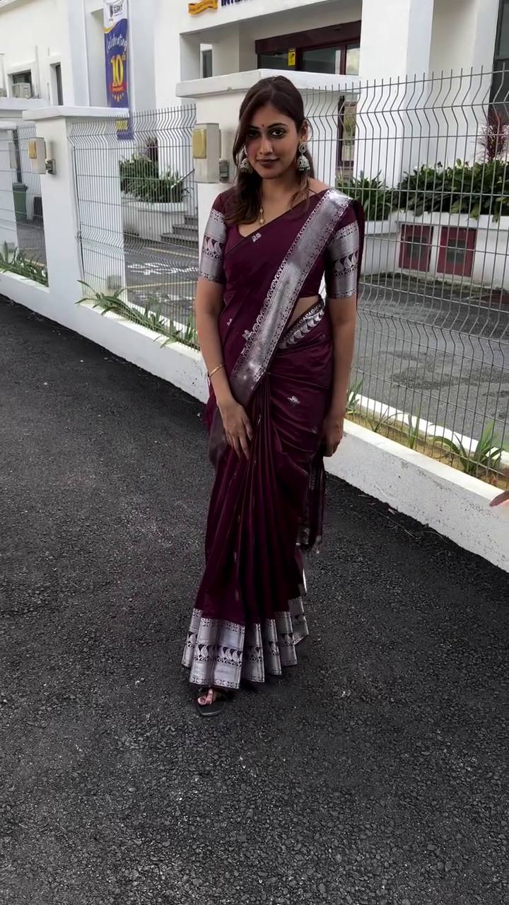 Elegant Wine Maroon Soft Silk Saree with Silver Zari Border & Minimal Butti Design | Premium Classic Wear