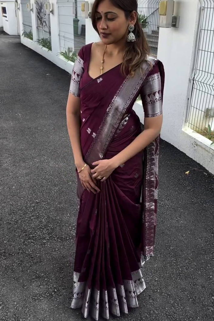 Elegant Wine Maroon Soft Silk Saree with Silver Zari Border & Minimal Butti Design | Premium Classic Wear