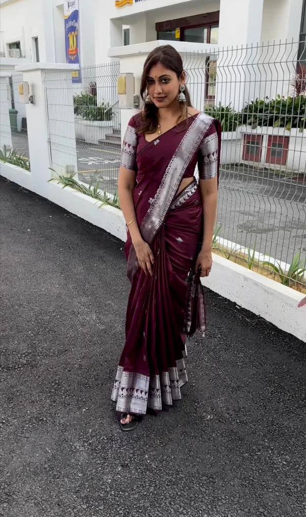 Elegant Wine Maroon Soft Silk Saree with Silver Zari Border & Minimal Butti Design | Premium Classic Wear
