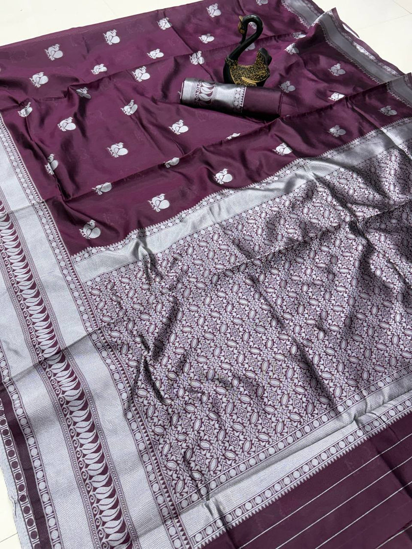Elegant Wine Maroon Soft Silk Saree with Silver Zari Border & Minimal Butti Design | Premium Classic Wear
