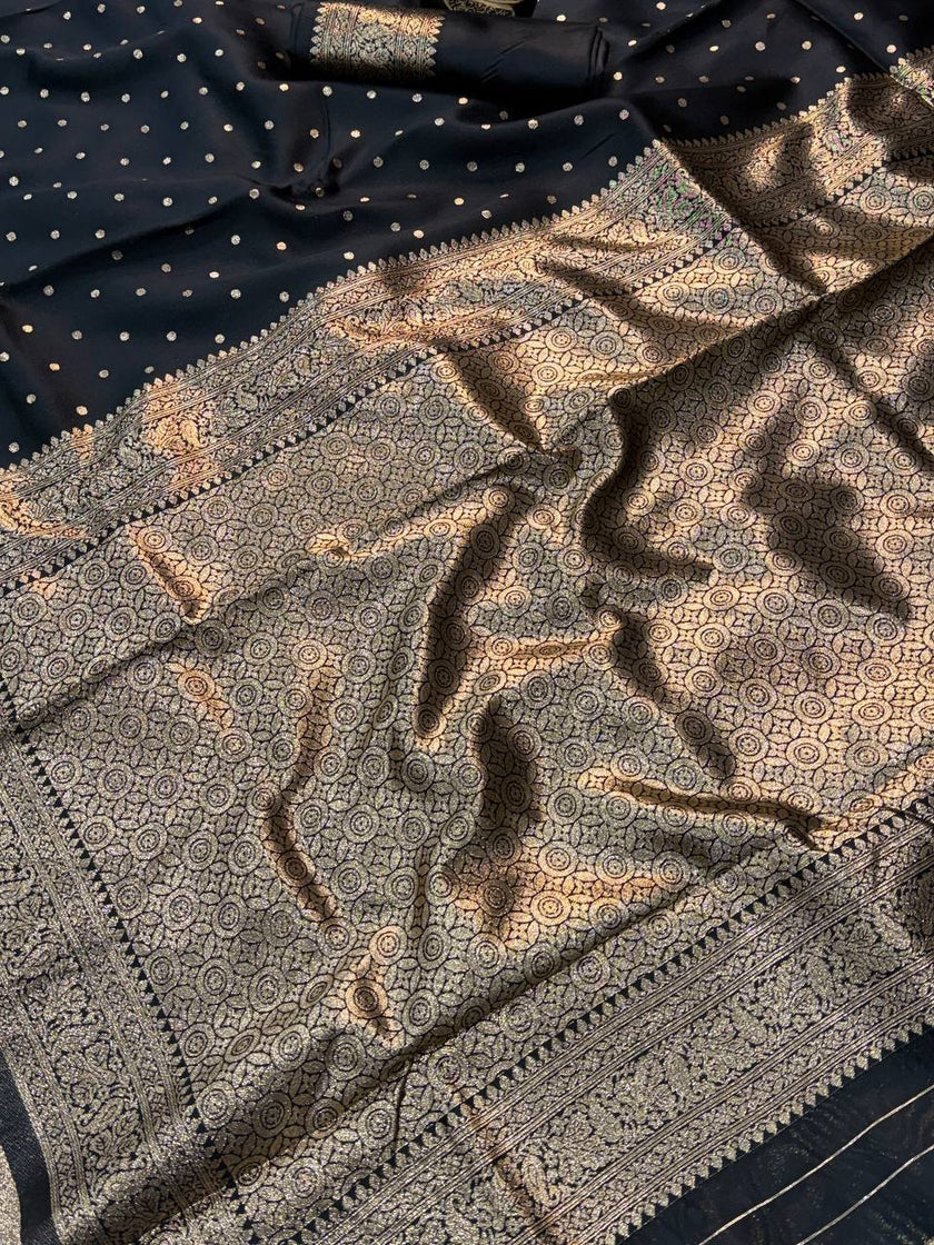 Classic Black Banarasi Silk Saree with Golden Butti & Grand Rich Zari Pallu | Premium Wedding & Festive Wear