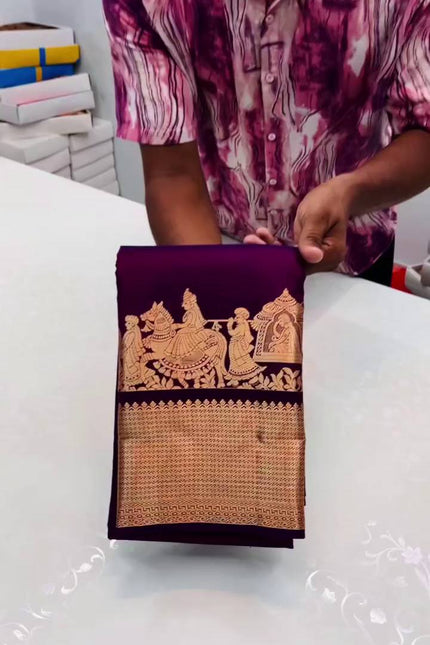 Royal Violet Kanjivaram Style Silk Saree with Grand Golden Zari Border & Rich Designer Pallu | Premium Wedding Wear