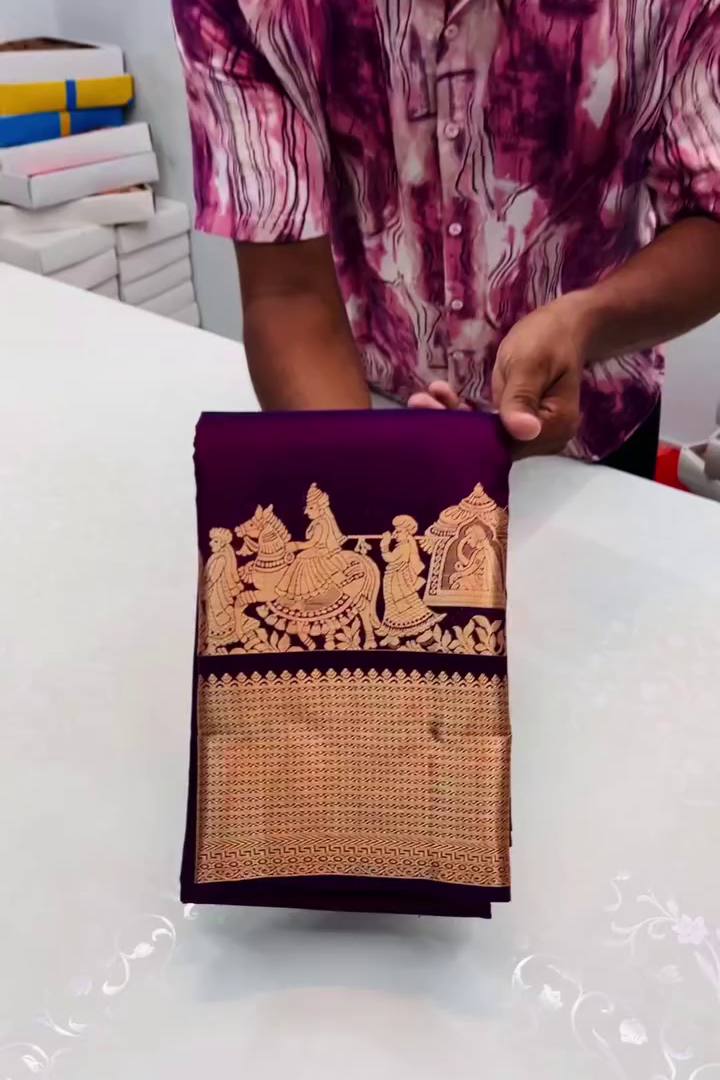 Royal Violet Kanjivaram Style Silk Saree with Grand Golden Zari Border & Rich Designer Pallu | Premium Wedding Wear