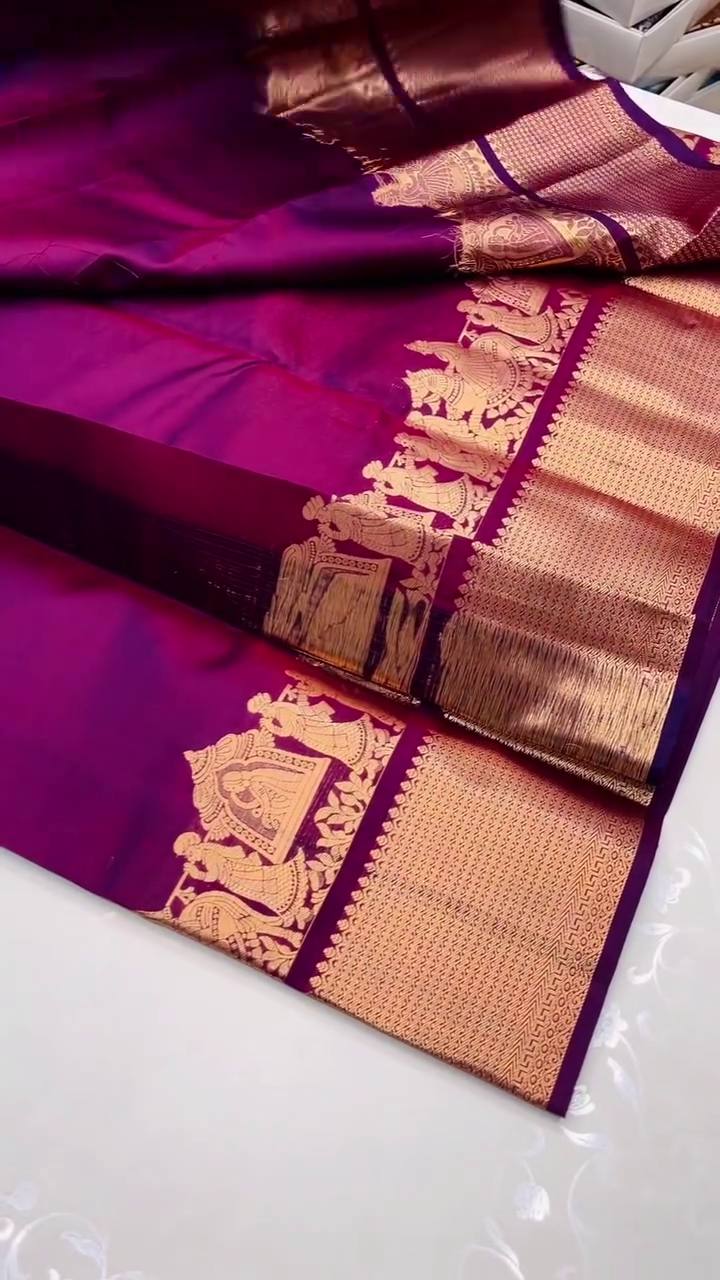 Royal Violet Kanjivaram Style Silk Saree with Grand Golden Zari Border & Rich Designer Pallu | Premium Wedding Wear