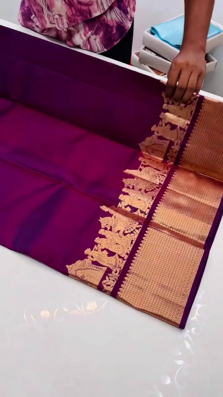 Royal Violet Kanjivaram Style Silk Saree with Grand Golden Zari Border & Rich Designer Pallu | Premium Wedding Wear