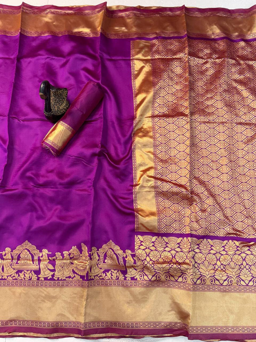 Royal Violet Kanjivaram Style Silk Saree with Grand Golden Zari Border & Rich Designer Pallu | Premium Wedding Wear