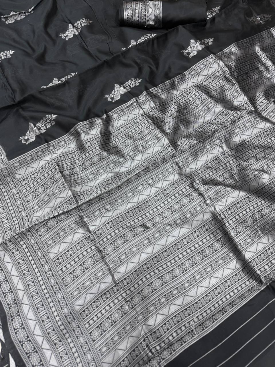 Elegant Black Soft Silk Saree with Silver Border & Minimal Floral Motifs | Premium Party & Office Wear