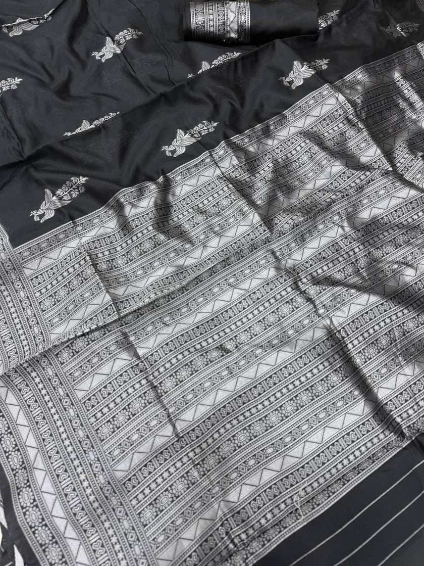 Elegant Black Soft Silk Saree with Silver Border & Minimal Floral Motifs | Premium Party & Office Wear