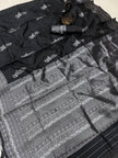 Elegant Black Soft Silk Saree with Silver Border & Minimal Floral Motifs | Premium Party & Office Wear