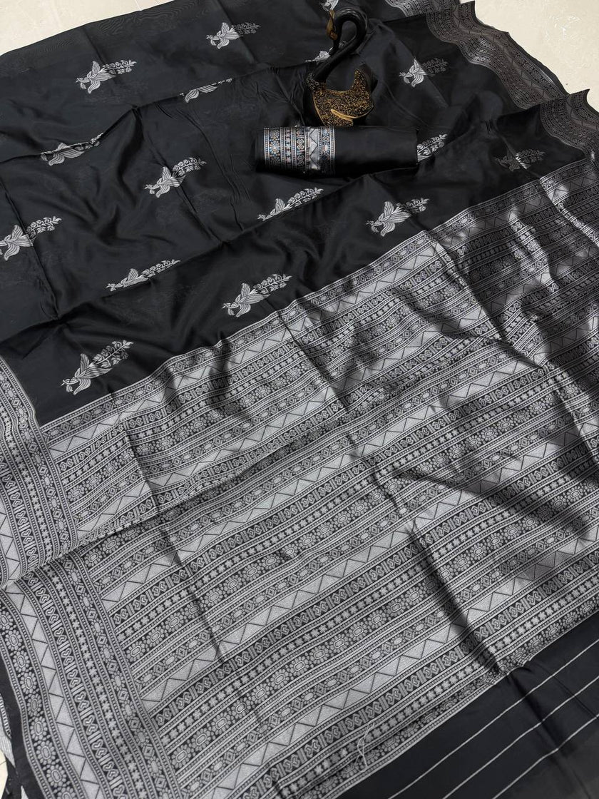 Elegant Black Soft Silk Saree with Silver Border & Minimal Floral Motifs | Premium Party & Office Wear