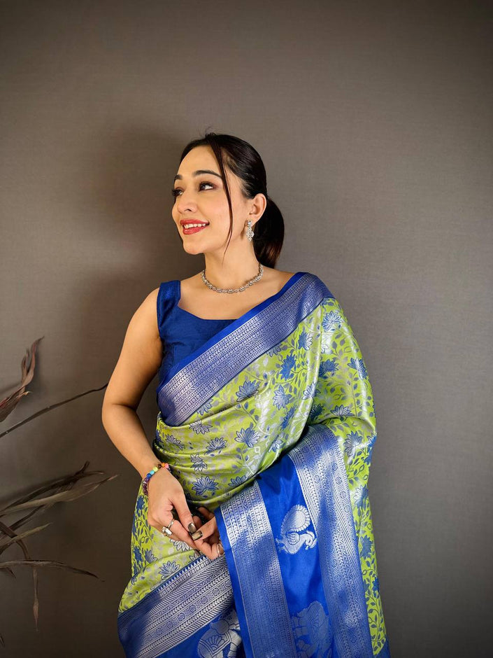 Royal Blue & Lime Green Soft Silk Saree with Silver Zari Border & Elephant Motif Pallu | Premium Traditional Wear