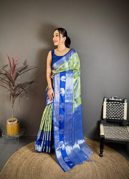 Royal Blue & Lime Green Soft Silk Saree with Silver Zari Border & Elephant Motif Pallu | Premium Traditional Wear