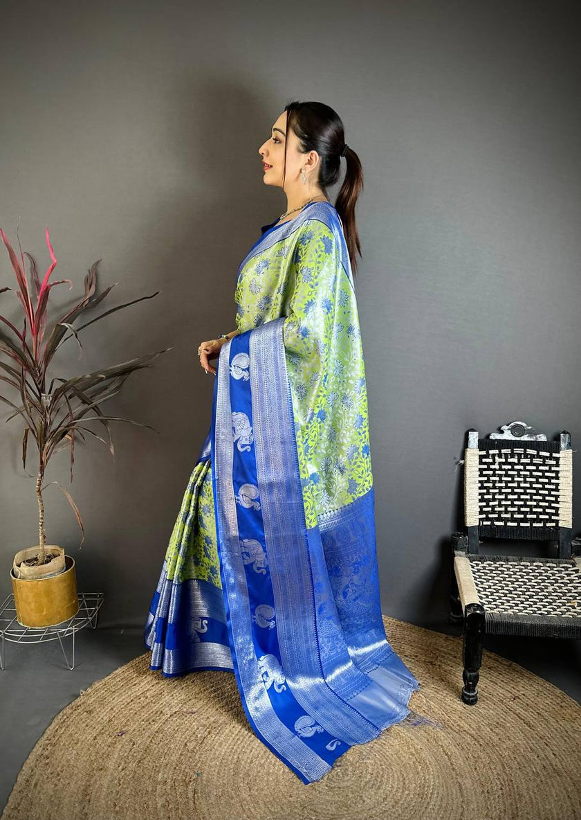 Royal Blue & Lime Green Soft Silk Saree with Silver Zari Border & Elephant Motif Pallu | Premium Traditional Wear