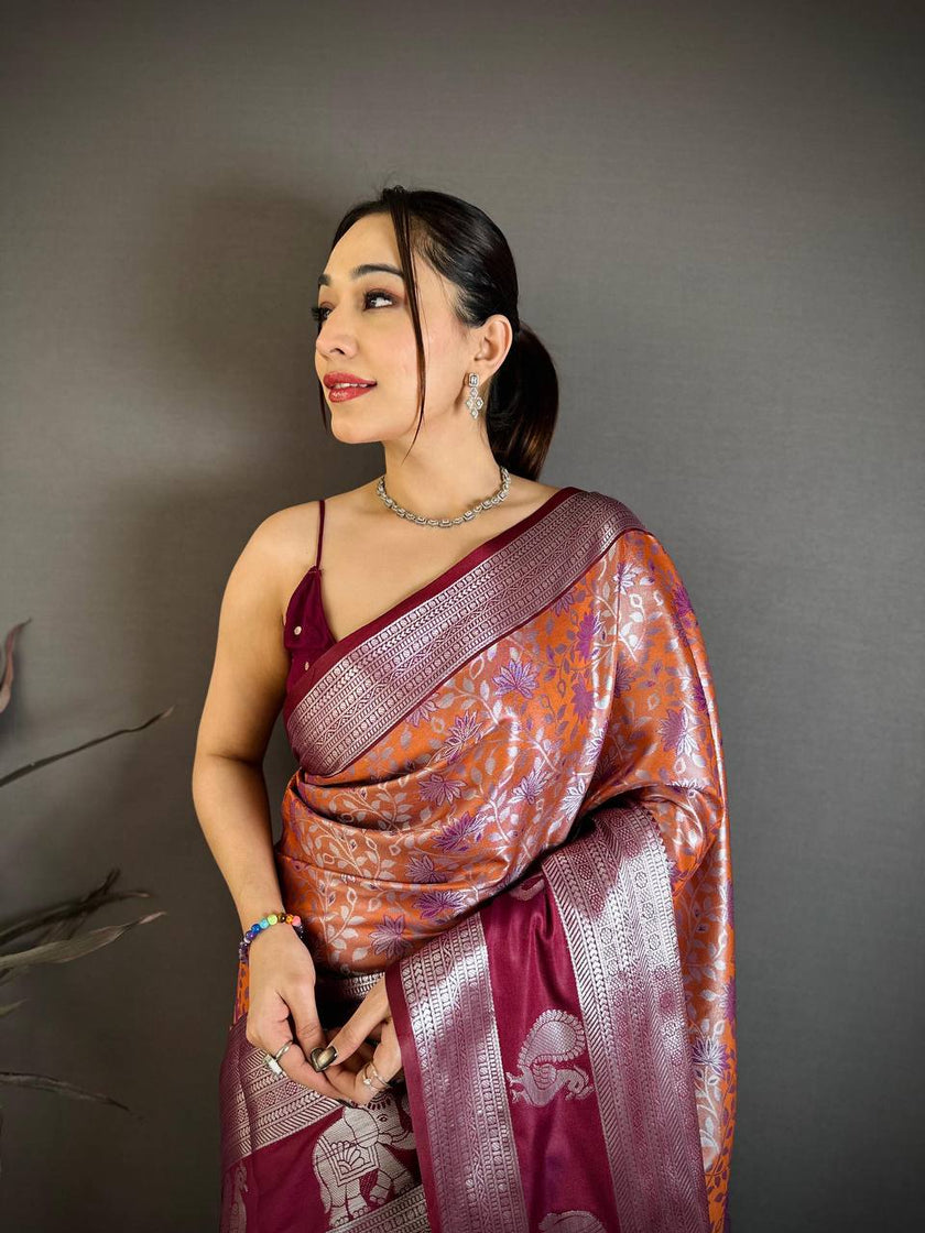 Rust Orange & Wine Purple Soft Silk Saree with Silver Zari Border & Elephant Motif Pallu | Premium Heritage Wear