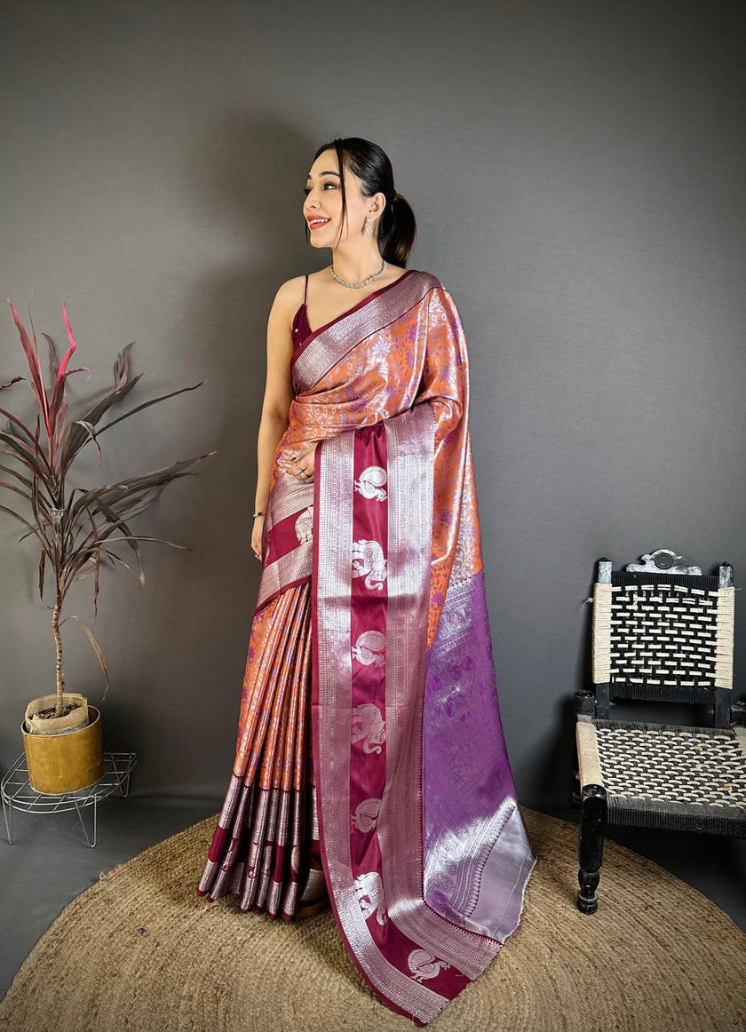 Rust Orange & Wine Purple Soft Silk Saree with Silver Zari Border & Elephant Motif Pallu | Premium Heritage Wear