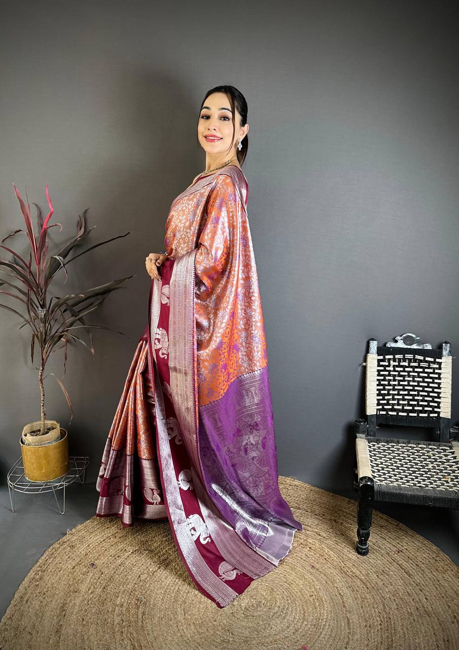 Rust Orange & Wine Purple Soft Silk Saree with Silver Zari Border & Elephant Motif Pallu | Premium Heritage Wear