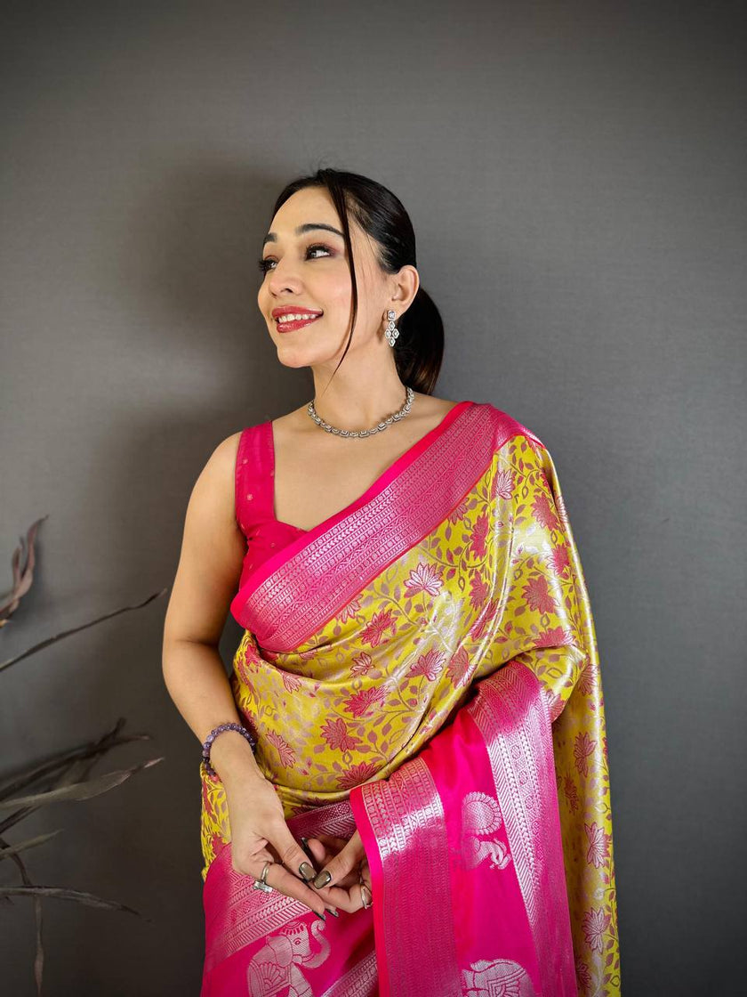 Bright Yellow & Rani Pink Soft Silk Saree with Silver Zari Border & Elephant Motif Pallu | Premium Festive Wear