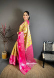 Bright Yellow & Rani Pink Soft Silk Saree with Silver Zari Border & Elephant Motif Pallu | Premium Festive Wear