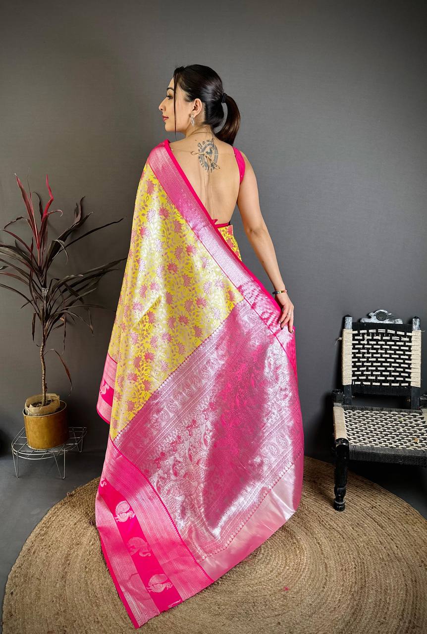 Bright Yellow & Rani Pink Soft Silk Saree with Silver Zari Border & Elephant Motif Pallu | Premium Festive Wear