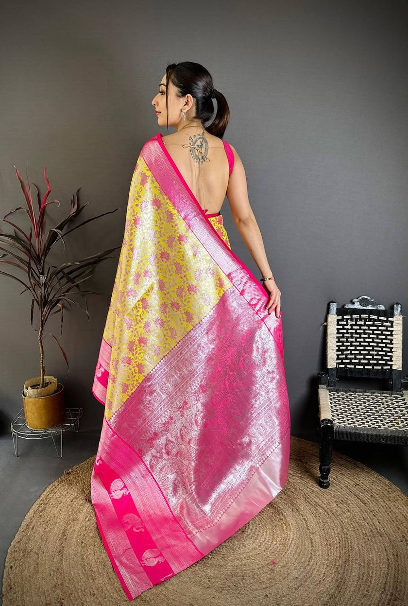 Bright Yellow & Rani Pink Soft Silk Saree with Silver Zari Border & Elephant Motif Pallu | Premium Festive Wear