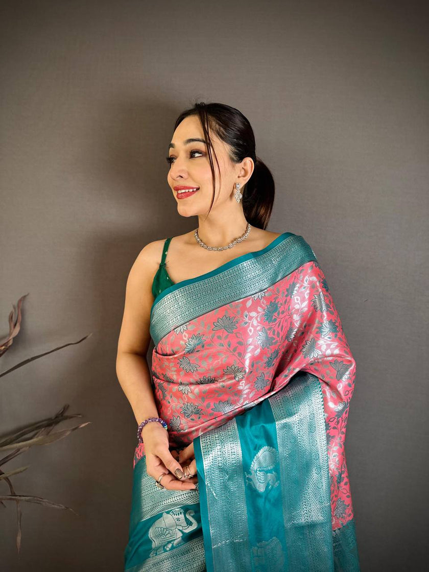 Sea Green & Pink Soft Silk Saree with Silver Zari Border & Elephant Motif Pallu | Premium Festive Wear