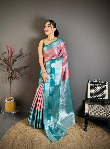 Sea Green & Pink Soft Silk Saree with Silver Zari Border & Elephant Motif Pallu | Premium Festive Wear