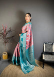 Sea Green & Pink Soft Silk Saree with Silver Zari Border & Elephant Motif Pallu | Premium Festive Wear